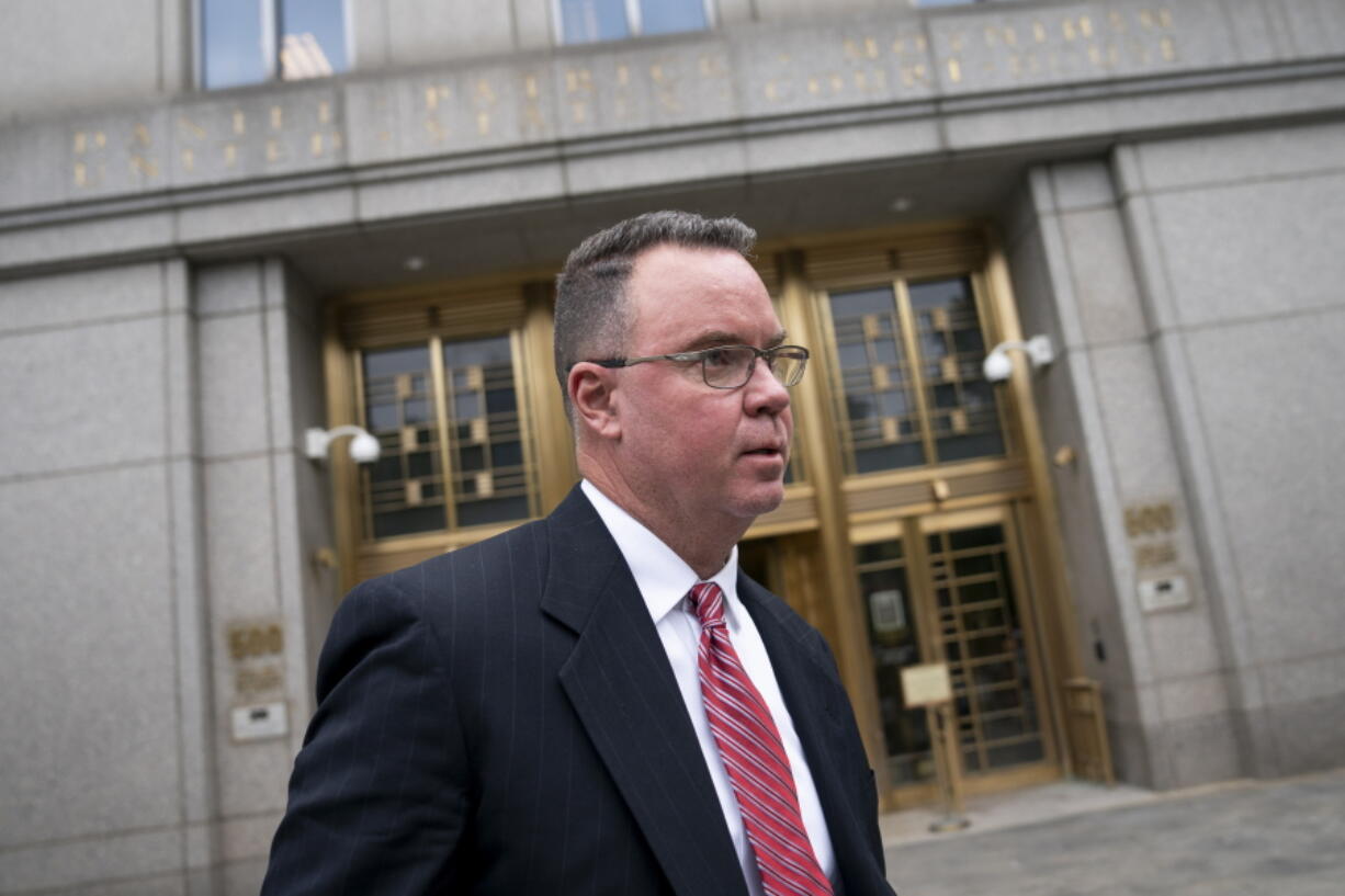 FILE - Timothy Shea exits Manhattan federal court after his court case was declared a mistrial on June 7, 2022, in New York. The Colorado businessman returns to New York on Monday, Oct. 24, 2022, for a retrial on charges that he cheated thousands of donors to a $25 million online crowdfunding "We Build The Wall" campaign to build a wall along the southern U.S. border.