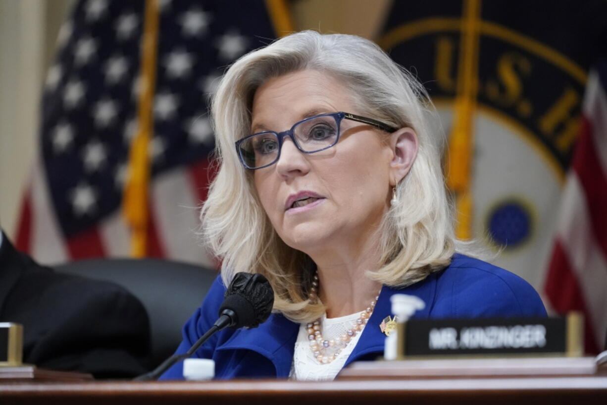 FILE - Vice Chair Liz Cheney, R-Wyo., speaks as the House select committee investigating the Jan. 6 attack on the U.S. Capitol, holds a hearing on Capitol Hill in Washington, Oct. 13, 2022. (AP Photo/J.