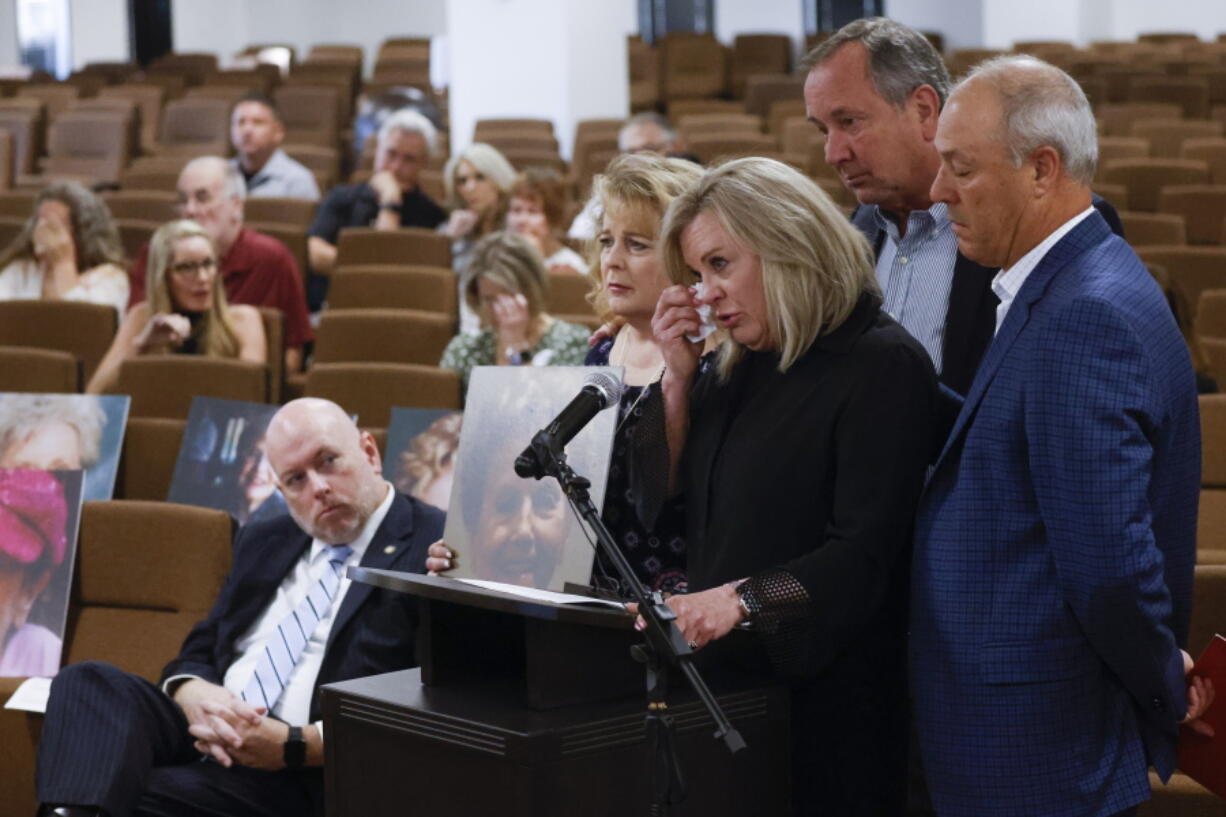 Ellen French House, center, daughter of victim Norma French, alongside her family members becomes emotional as she gives her victim impact statement  in accused killer Billy Chemirmir's trial at Frank Crowley Courts Building in Dallas on Friday, Oct. 14, 2022. Chemirmir, charged with killing 22 elderly women in the Dallas area over a two-year span, was found guilty last Friday, Oct. 7,  in one of their deaths -- his second murder conviction.