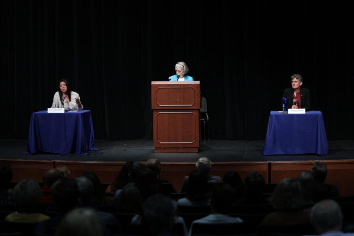 Democrat Jamie McLeod-Skinner, right, and Republican Lori Chavez DeRemer, left, participate in a debate for Oregon's 5th Congressional District at Lakeridge High School in Lake Oswego, Ore., Monday, October 17, 2022.