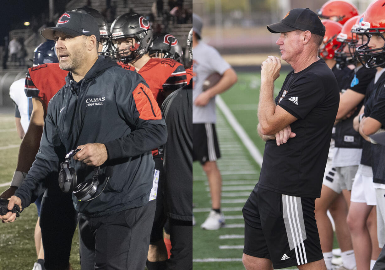 Camas head coach Jack Hathaway, left, and Battle Ground head coach Mike Woodward, right, have known each other since Woodward was head coach at Mountain View during Hathaway’s senior football season in 1999. They later coached together in Vancouver and San Diego.