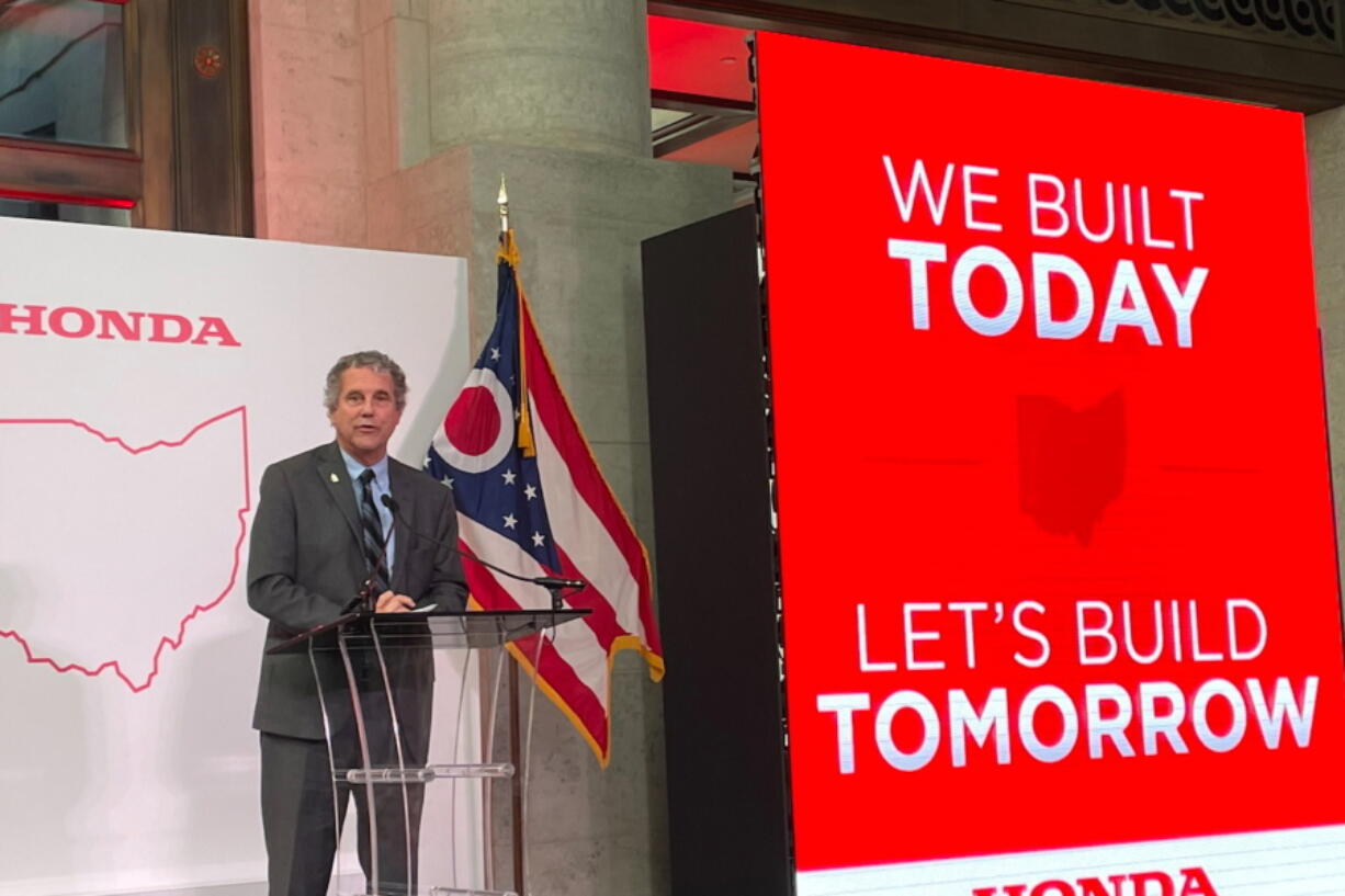 Ohio Sen. Sherrod Brown voices his support of Honda during a news conference at the Ohio Statehouse in Columbus, Ohio, on Tuesday, Oct. 11, 2022. The automaker announced plans for a $3.5 billion joint-venture battery factory and investing over $700 million in electric vehicle manufacturing in rural southern Ohio that will provide 2,200 job at the factory as it starts to turn the state into its North American electric vehicle hub.