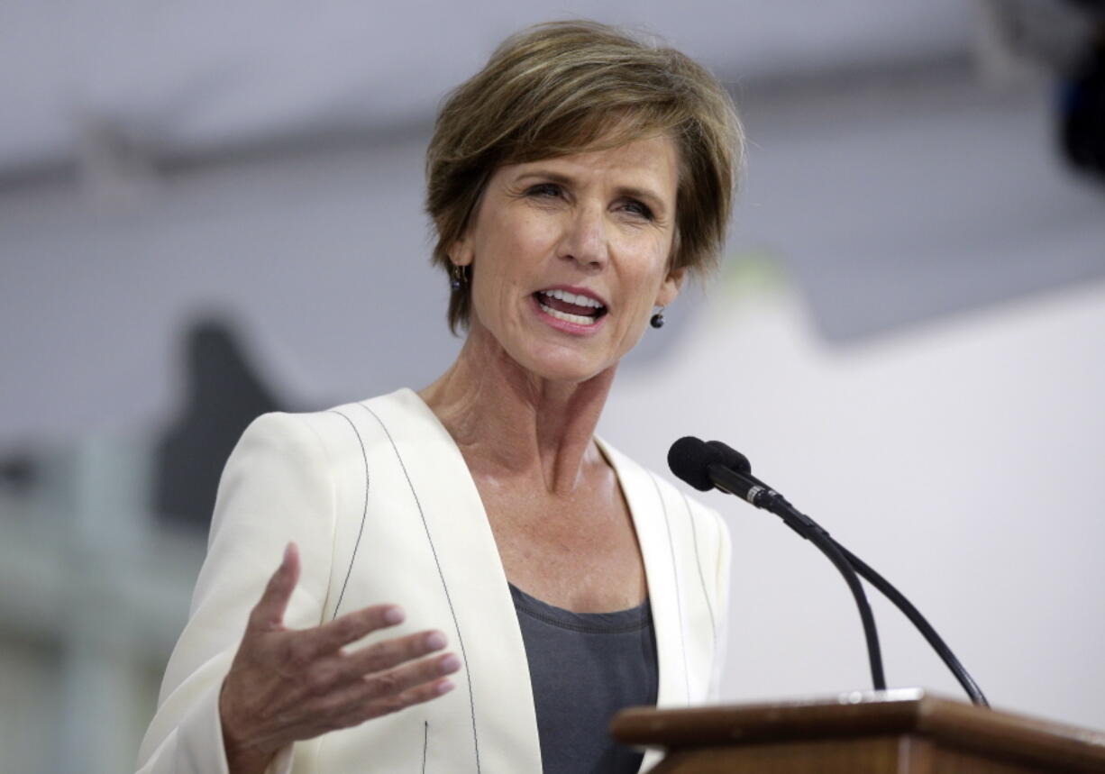 FILE - Former U.S. Deputy Attorney General Sally Yates speaks at Harvard University, in Cambridge, Mass., May 24, 2017. An independent investigation into the scandals that erupted in the National Women's Soccer League last season showed that emotional abuse and sexual misconduct was systemic in the sport, impacting multiple teams, coaches and players.  "Abuse in the NWSL is rooted in a deeper culture in women's soccer, beginning in youth leagues, that normalizes verbally abusive coaching and blurs boundaries between coaches and players," former Acting U.S. Attorney General Sally Yates wrote in her report for U.S. Soccer, which was released on Monday, Oct. 3, 2022.