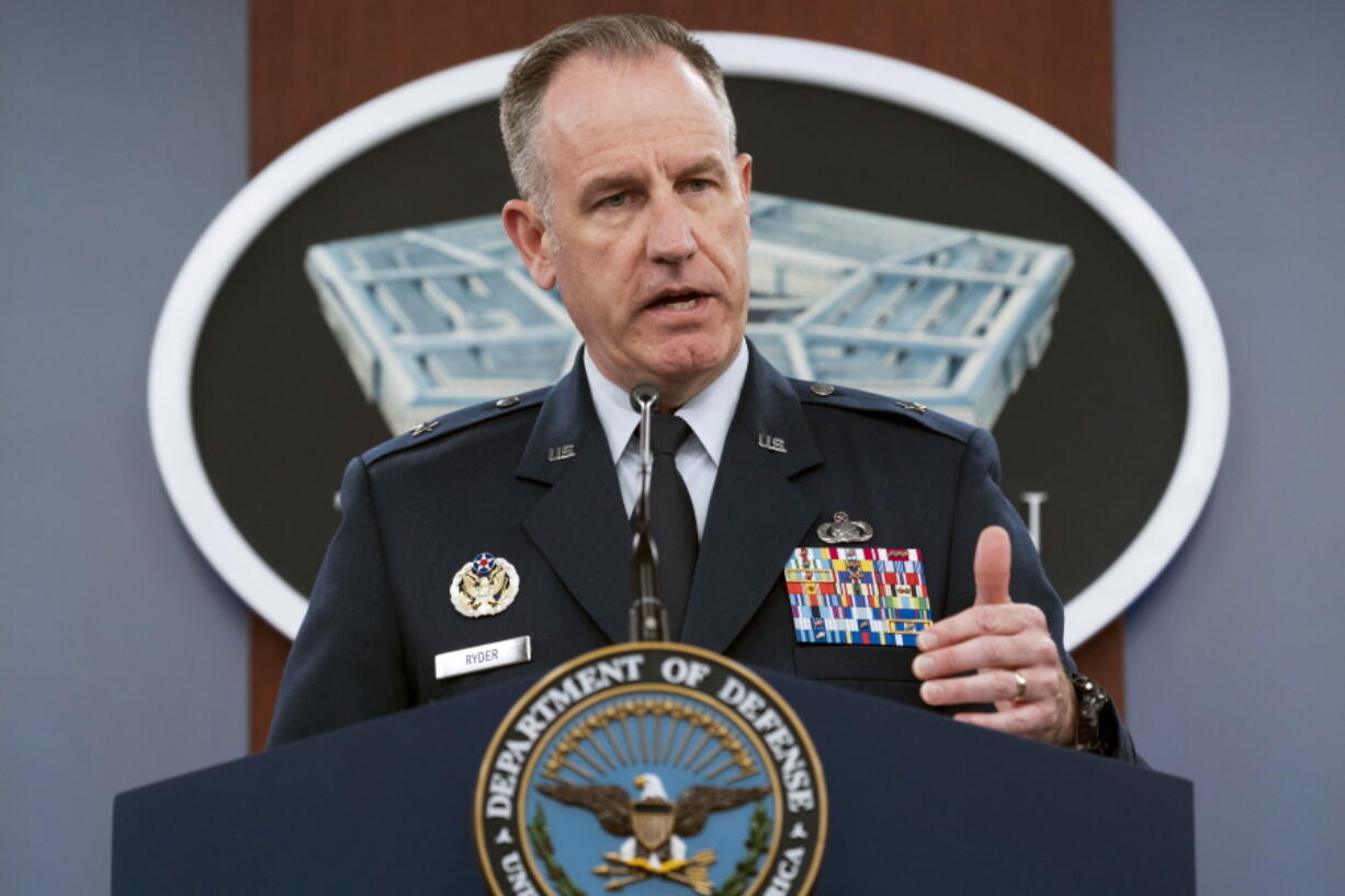 FILE - Pentagon spokesman U.S. Air Force Brig. Gen. Patrick Ryder speaks during a media briefing at the Pentagon, Oct. 18, 2022, in Washington.  The Pentagon will provide travel funds and support for troops and their dependents who seek abortions but are based in states where they are now illegal, and will increase privacy protections for those seeking care, according to a new department policy.