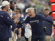 Seattle Seahawks head coach Pete Carroll celebrates at the end of an NFL football game against the Los Angeles Chargers Sunday, Oct. 23, 2022, in Inglewood, Calif. The Seahawks won 37-23. (AP Photo/Mark J.