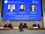 Secretary General of the Royal Swedish Academy of Sciences Hans Ellegren, centre, Eva Olsson, left and Thors Hans Hansson, members of the Nobel Committee for Physics announce the winner of the 2022 Nobel Prize in Physics, from left to right on the screen, Alain Aspect, John F. Clauser and Anton Zeilinger, during a press conference at the Royal Swedish Academy of Sciences, in Stockholm, Sweden, Tuesday, Oct. 4, 2022.