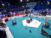 Robots from different teams compete during the 6th edition of the First Global Robotics Challenge in Geneva, Switzerland, Saturday, Oct. 15, 2022.