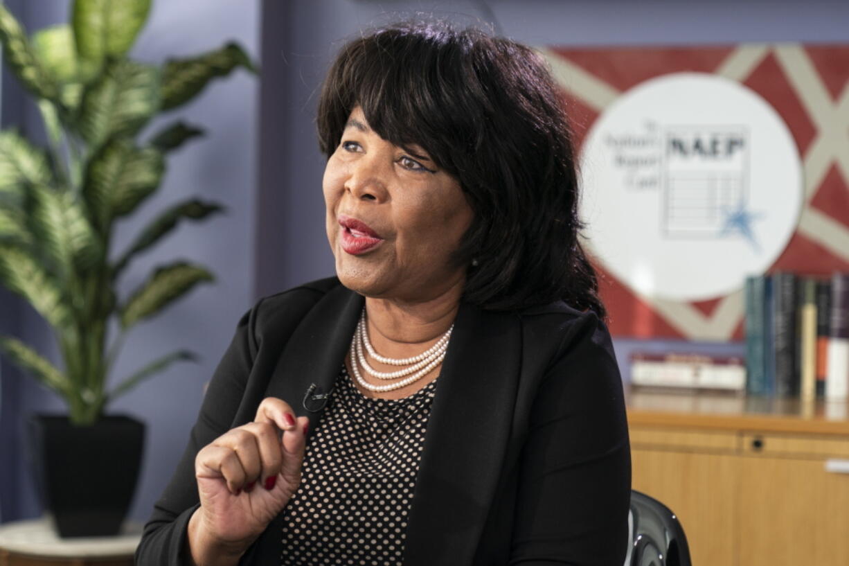 Peggy Carr, Commissioner of the National Center for Education, speaks during an interview with The Associated Press about the National Assessment of Education Process, Friday, Oct. 21, 2022, in Washington.