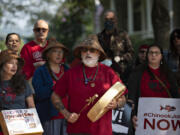 Chinook Indian Nation Vice Chairman and Vancouver resident Sam Robinson drums and sings during a rally in favor of federal tribal recognition for Chinook on Oct. 7 at Fort Vancouver National Historic Site. Lack of federal recognition deprives Chinook people of vital resources, they argued during the rally, and continues a long-standing historical injustice that's tantamount to genocide.