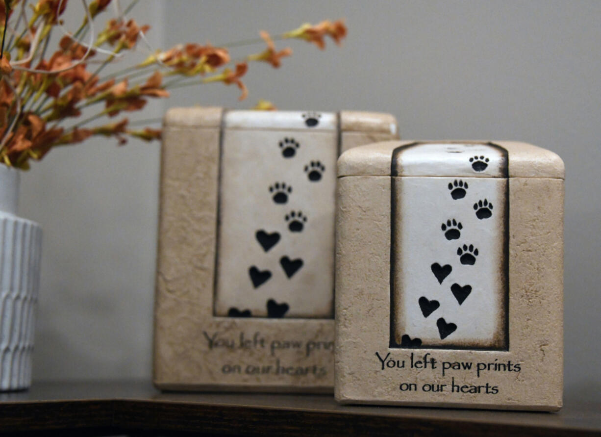 Stone urns are on display at the Dulaney Valley Pet Loss Center at Dulaney Valley Memorial Gardens.