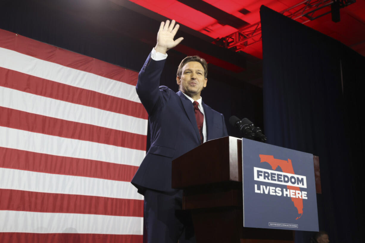 Florida Gov. Ron DeSantis speaks to a crowd of supporters during his election night party at the Tampa Convention Center on Tuesday, Nov. 8, 2022, in Tampa, Florida.