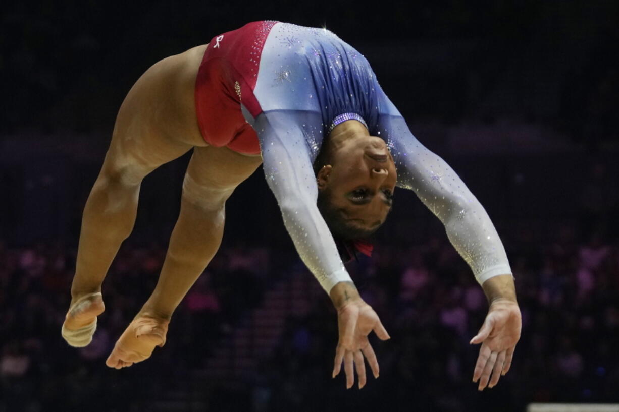 Jordan Chiles of the U.S. competes on the floor exercise at the Women's Team Final during the Artistic Gymnastics World Championships at M&S Bank Arena in Liverpool, England, Tuesday, Nov. 1, 2022.