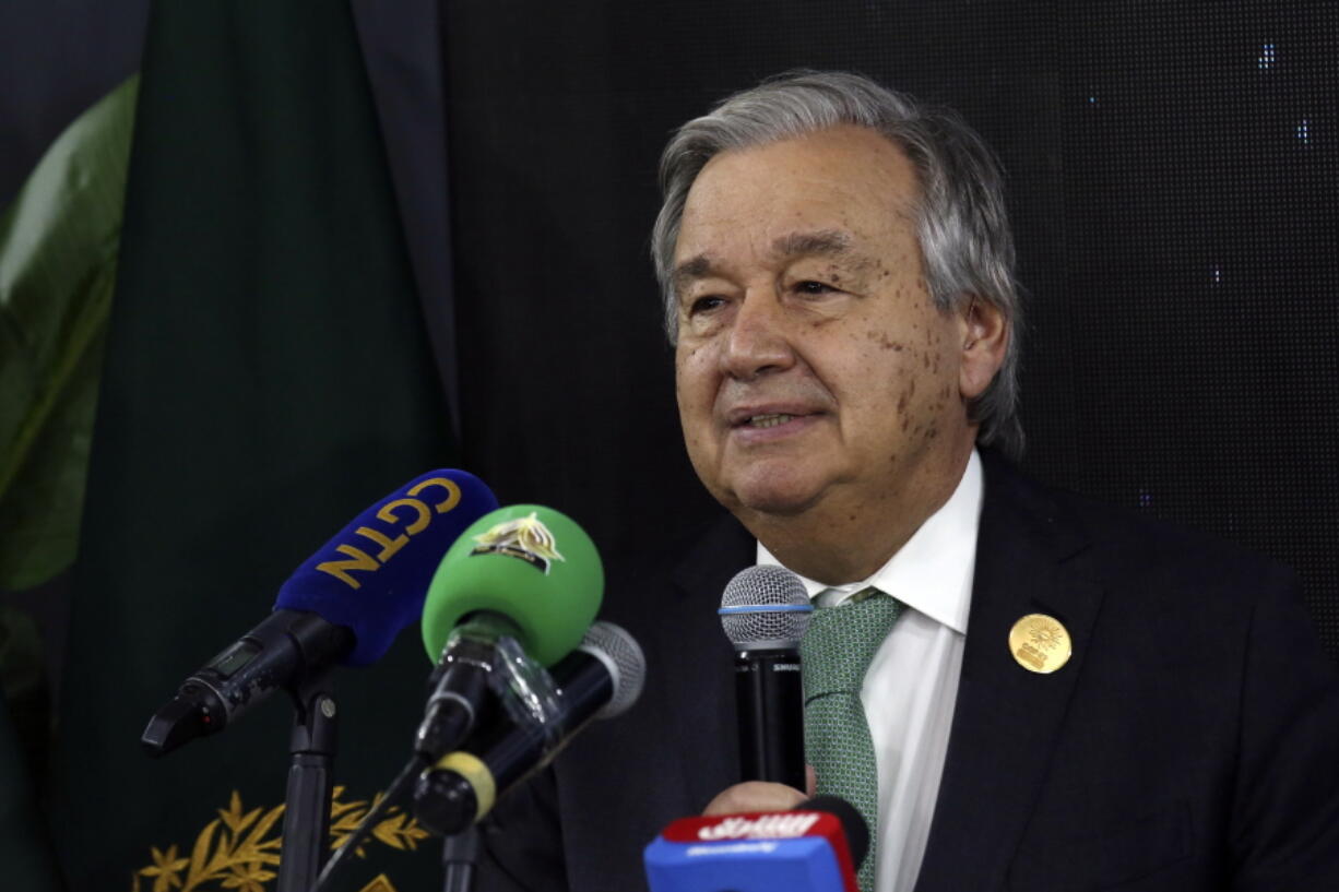 FILE - U.N. Secretary-General Antonio Guterres gives a press conference with Prime Minister of Pakistan Muhammad Shehbaz Sharifat the 2022 United Nations climate conference, COP27, in the Red Sea resort of Sharm el-Sheikh, South Sinai, Egypt, Monday, Nov. 7, 2022. In a report released Tuesday at COP27, a group of experts,  appointed exactly a year ago by Guterres, recommended tough standards for bodies making net zero pledges, to ensure that their promises amount to meaningful action instead of "bogus" assurances.