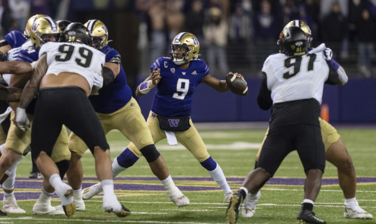 Washington quarterback Michael Penix Jr. prepares to throw a pass during the first half of the team's NCAA college football game against Colorado, Saturday, Nov. 19, 2022, in Seattle.