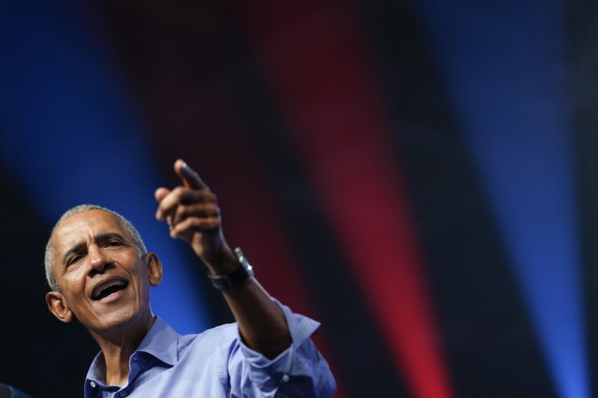 Former President Barack Obama speaks at a campaign rally for Pennsylvania's Democratic gubernatorial candidate Josh Shapiro and Democratic Senate candidate Lt. Gov. John Fetterman, Saturday, Nov. 5, 2022, in Philadelphia.