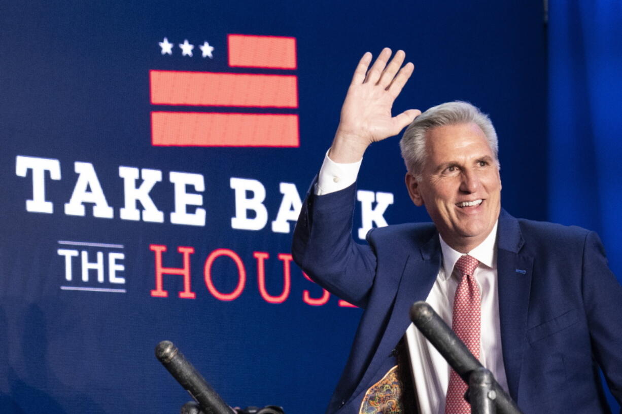 House Minority Leader Kevin McCarthy of Calif., arrives to speak at an event early Wednesday morning, Nov. 9, 2022, in Washington.