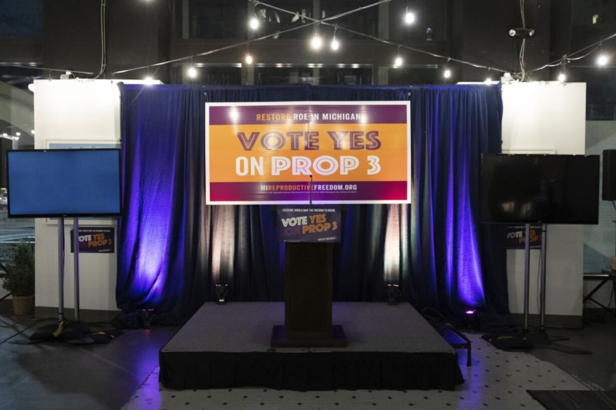 Decorations stand on display at a watch party for Michigan Proposal 3 at the David Whitney Building in Detroit on Election Day, Tuesday, Nov. 8, 2022.