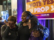 Supporters of abortion rights react as preliminary results come in for Michigan Proposal 3 on Tuesday in Detroit, Mich. The measure adds the right to abortion to the state constitution.