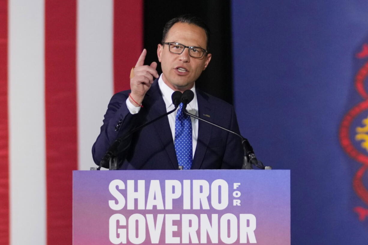 FILE - Pennsylvania Democratic gubernatorial candidate Josh Shapiro speaks at an election night event, Nov. 8, 2022, in Oaks, Pa. Gov.-elect Josh Shapiro will take office with a decisive mandate from Pennsylvania voters, who overwhelmingly rejected a Republican drive to pare back abortion rights and voting laws in the premier battleground state.