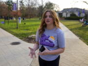 Brianna McCullough, 20, a sophomore at Chatham University in Pittsburgh, walks through campus on Thursday, Nov. 10, 2022. Support for abortion rights did drive women to the polls in Tuesday's elections. But for many, the issue took on higher meaning, part of an overarching concern about the future of democracy. "If they can take this away, they can take anything away from people. And I don't think that's right." McCullough said.(AP Photo/Gene J.