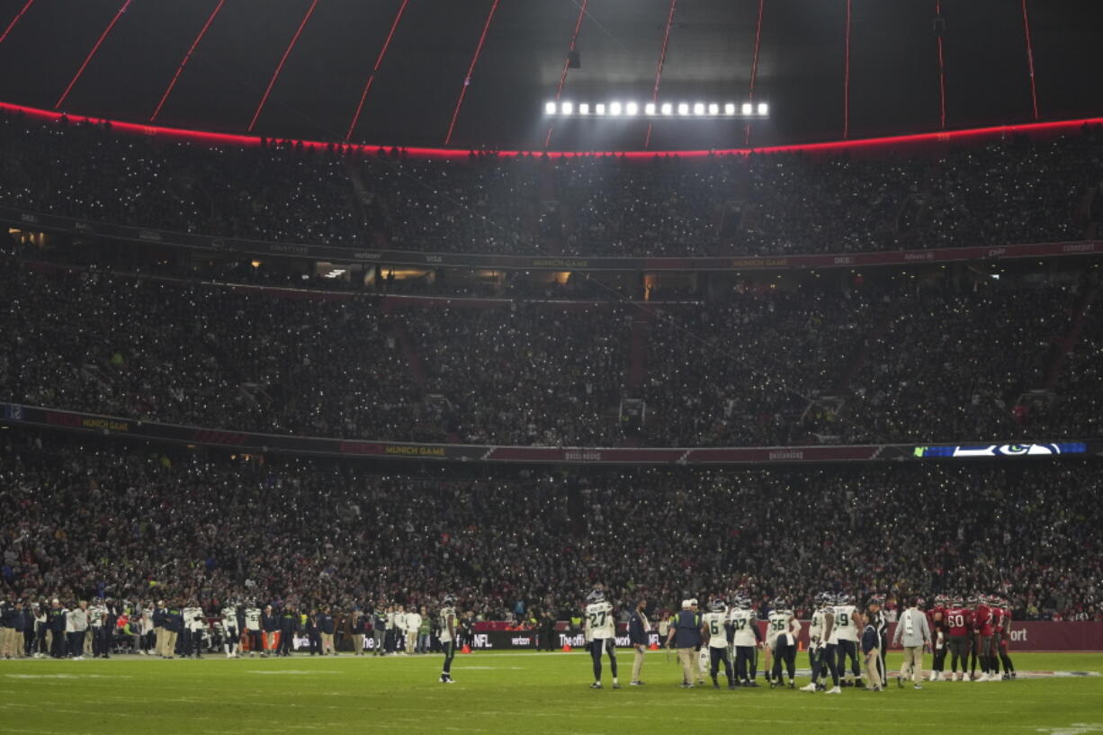 The Tampa Bay Buccaneers play the Seattle Seahawks during the second half of an NFL football game, Sunday, Nov. 13, 2022, in Munich, Germany.