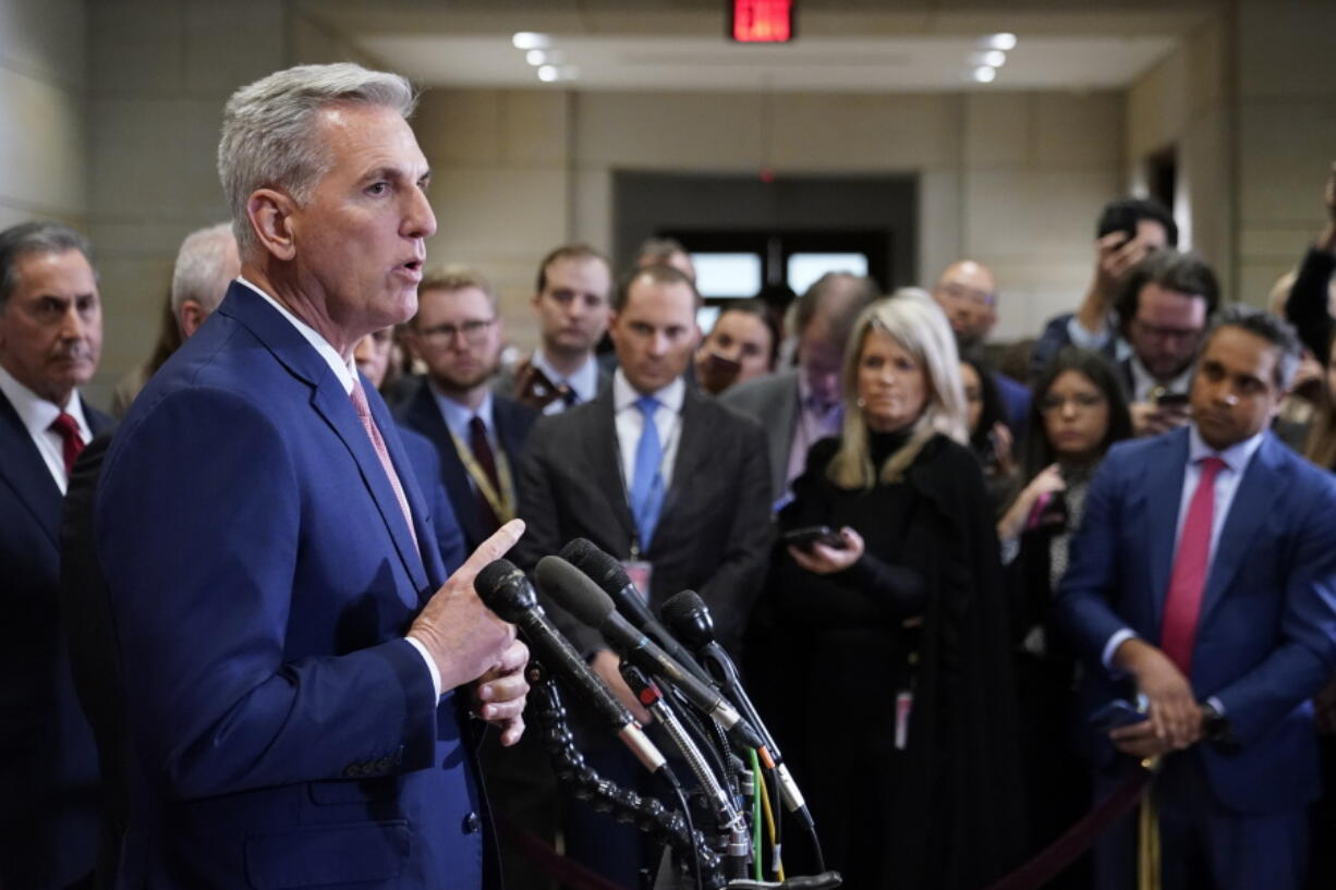 House Minority Leader Kevin McCarthy of Calif., speaks with journalists after winning the House Speaker nomination at a House Republican leadership meeting, Tuesday, Nov. 15, 2022, on Capitol Hill in Washington.