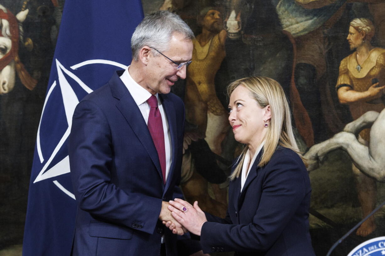 Prime Minister Giorgia Meloni meets NATO Secretary General Jens Stoltenberg, in Rome Thursday, Nov. 10, 2022.