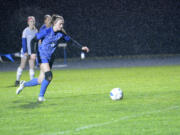 La Center's Shaela Bradley takes a penalty kick during the 1A district semifinal soccer match at La Center High School on Thursday, Nov. 3, 2022.