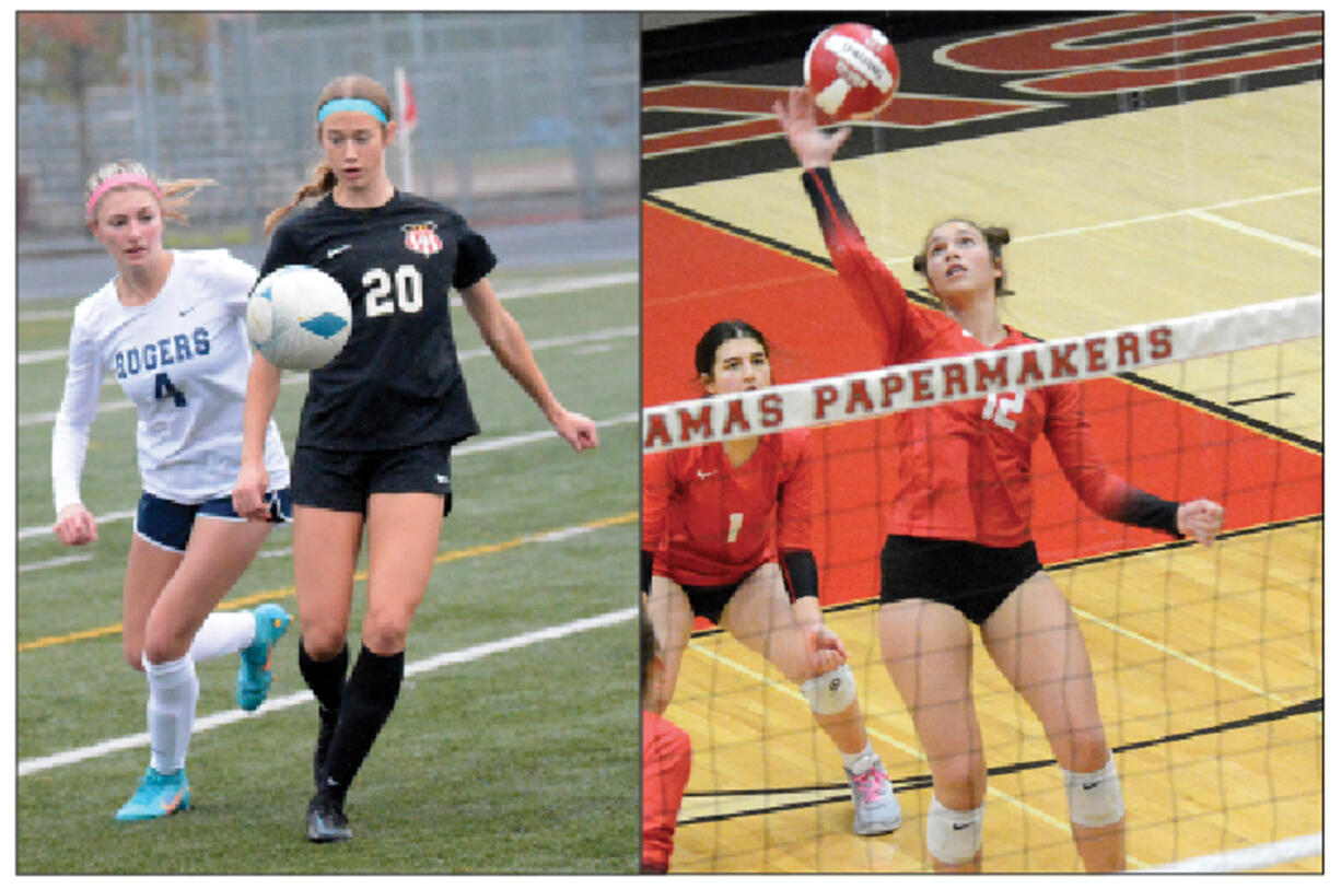 Camas junior Parker Mairs (20) and sophomore Kendall Mairs (12) are both key players for the Papermakers basketball team, but in the fall, their sports go different directions.