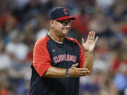 FILE - Cleveland Guardians manager Terry Francona makes a pitching change during the fifth inning of the team's baseball game against the Houston Astros, Aug. 4, 2022, in Cleveland. Francona was voted the American League Manager of the Year on Tuesday night, Nov. 15, winning the award for the third time in 10 seasons after leading the Guardians to the AL Central title. Francona received 17 of 30 first-place votes and nine second-place votes for 112 points from a Baseball Writers' Association of America panel.