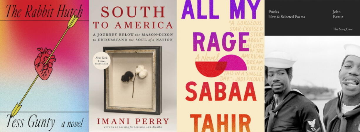 This combination of book cover images shows National Book Award winners, from left, "The Rabbit Hutch" by Tess Gunty, "South to America: A Journey Below the Mason-Dixon to Understand the Soul of a Nation" by Imani Perry, "All My Rage" by Sabaa Tahir, and "Punks: New & Selected Poems" by John Keene.