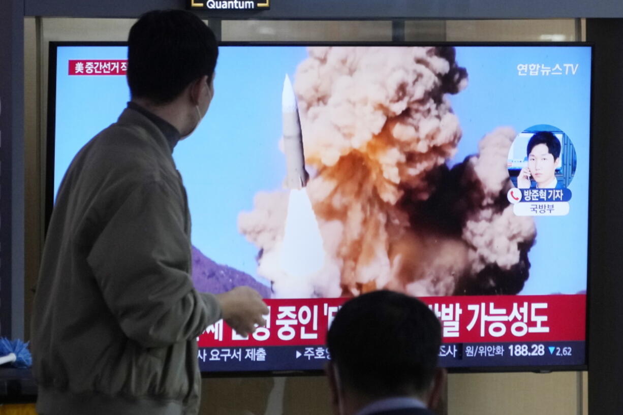 A TV screen shows a file image of North Korea's missile launch during a news program at the Seoul Railway Station in Seoul, South Korea, Wednesday, Nov. 9, 2022. North Korea fired at least one ballistic missile toward its eastern sea on Wednesday as it extended a recent barrage of weapons demonstrations including what it described as simulated attacks on South Korean and U.S. targets last week.