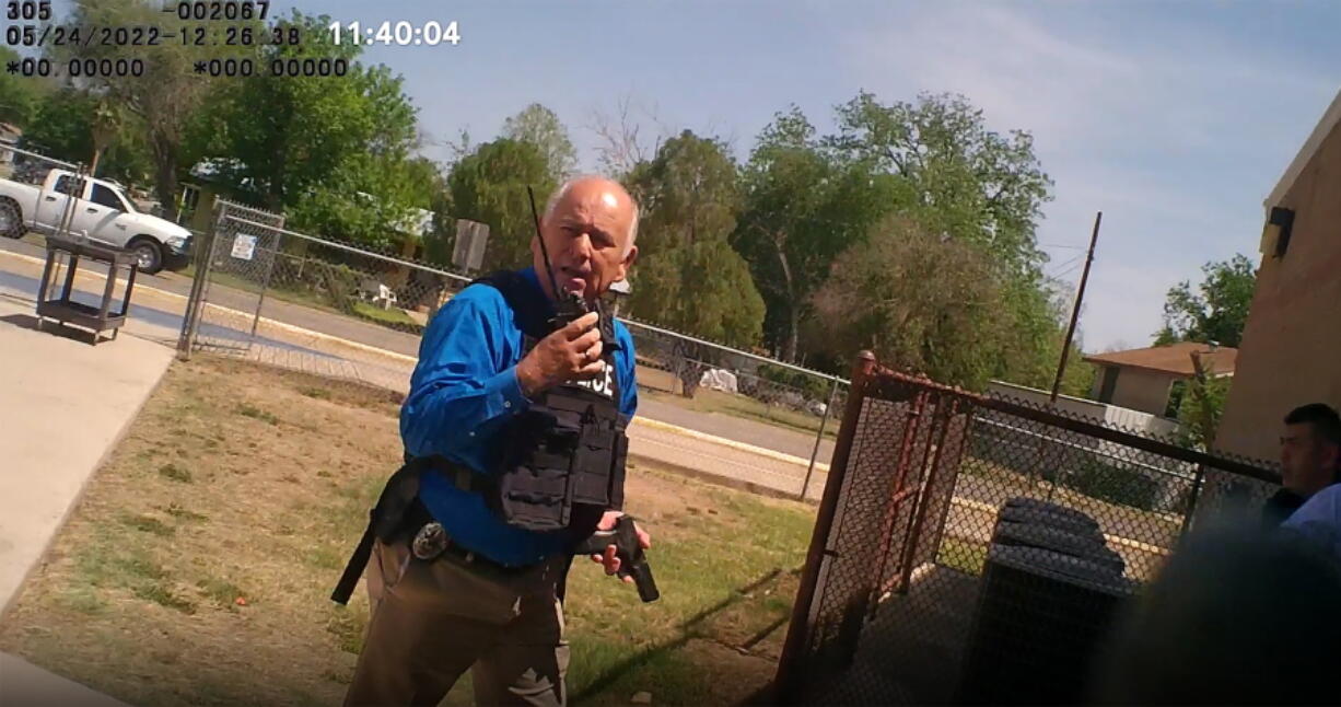 This image from video shows city police Lt. Mariano Pargas responding to the shooting at Robb Elementary School on May 24 in Uvalde, Texas.