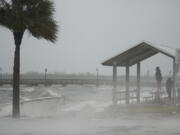 People brave rain and heavy winds to visit the waterfront along the Jensen Beach Causeway, as conditions deteriorate with the approach of Hurricane Nicole, Wednesday, Nov. 9, 2022, in Jensen Beach, Fla.