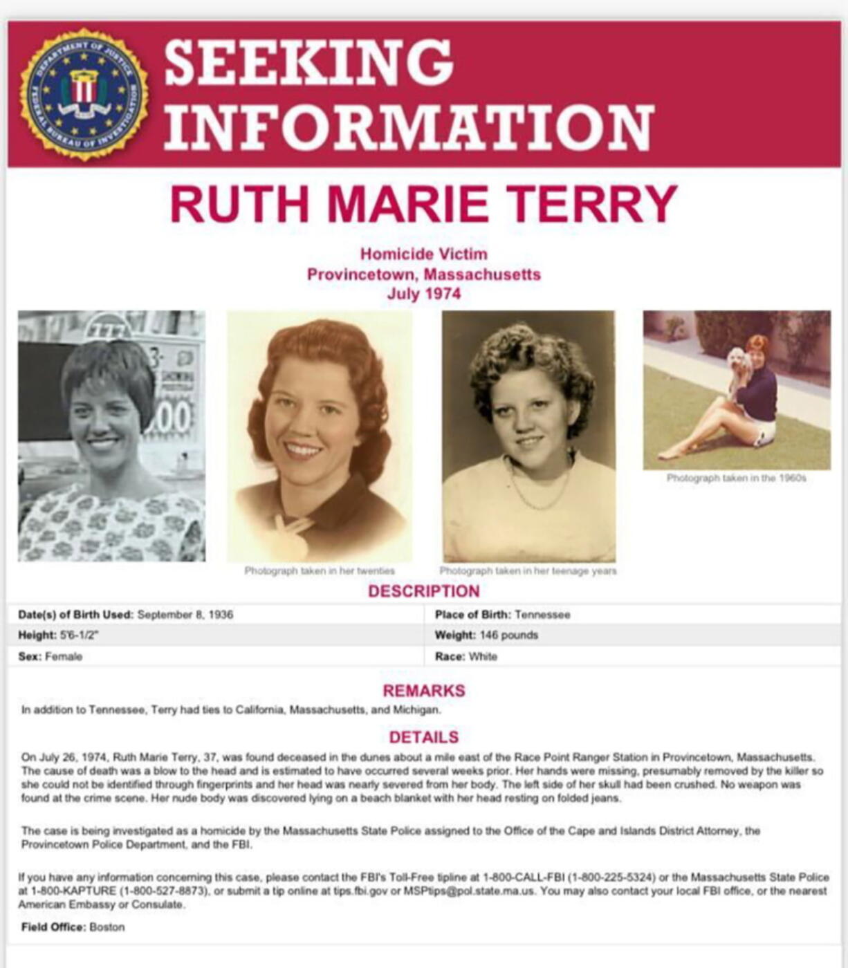 In this 1974 image provided by the FBI is a poster seeking information for homicide victim Ruth Marie Terry. Officials used investigative genealogy to identify a woman whose mutilated body was found on the Cape Cod National Seashore nearly 50 years ago, solving the mystery of the "Lady of the Dunes" that had stumped authorities for decades. The woman was identified on Monday, Oct. 31, 2022, as Ruth Marie Terry of Tennessee, who was 37 years old when she was killed.