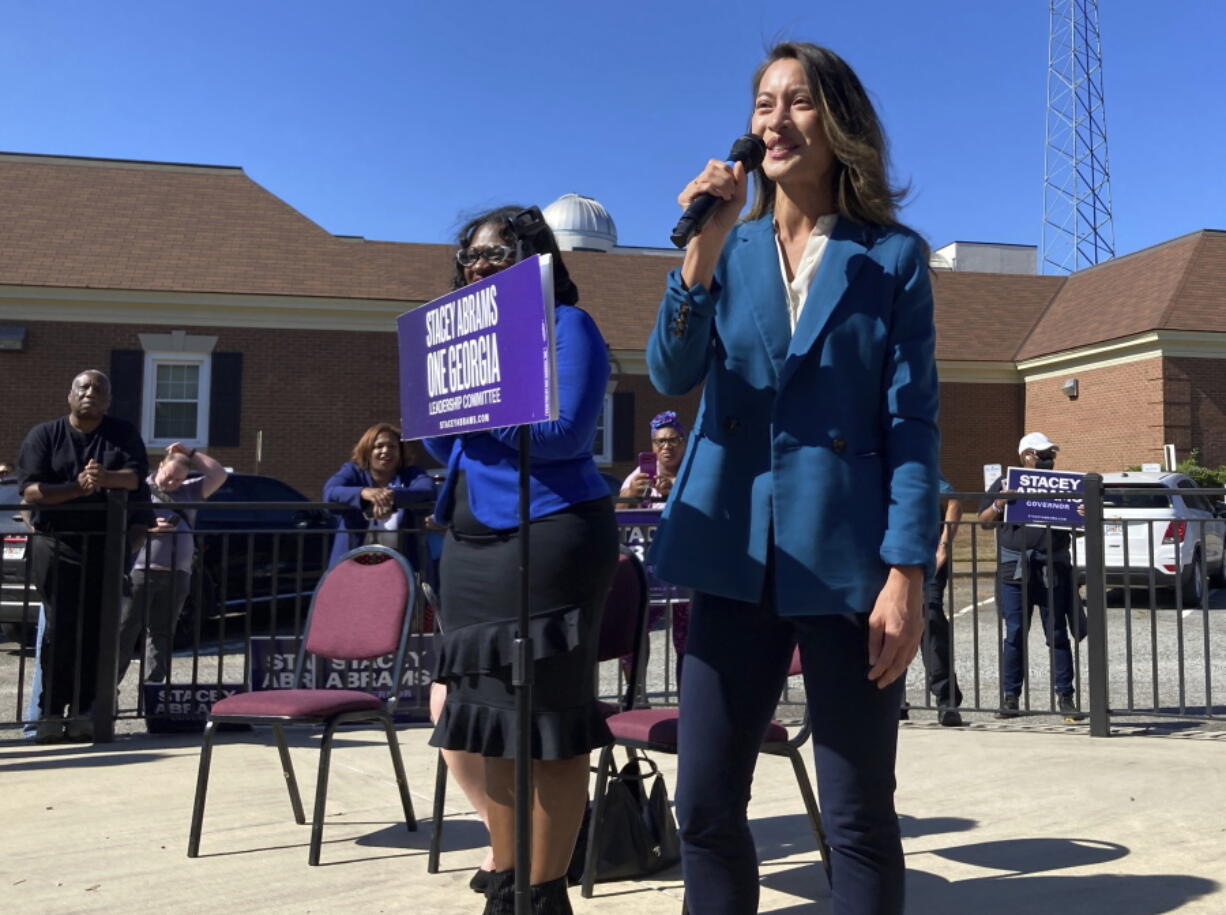 Georgia Democrat Bee Nguyen urges voters to choose her for secretary of state on Thursday, Oct. 27, 2022 in Milledgeville, Ga. Nguyen is trying to persuade voters to reject Republican incumbent Brad Raffensperger, arguing his support for Georgia's voting law and opposition to abortion outweighs his defiance of pressure from President Donald Trump to overturn Georgia's 2020 election results.