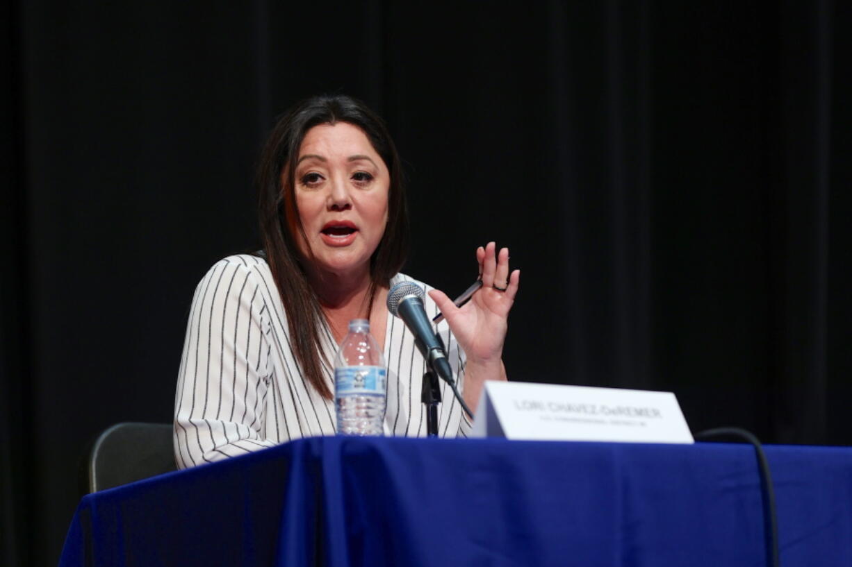 FILE - Republican Lori Chavez DeRemer speaks at a candidates debate for Oregon's 5th Congressional District at Lakeridge High School in Lake Oswego, Ore., Monday, Oct. 17, 2022. Chavez DeRemer is seeking election to Oregon's 5th Congressional District in the Nov. 8, 2022 election.