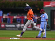 Houston Astros' Jeremy Pena celebrates his home run during the fourth inning in Game 5 of baseball's World Series between the Houston Astros and the Philadelphia Phillies on Thursday, Nov. 3, 2022, in Philadelphia.