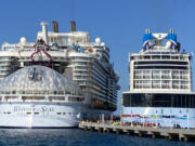 Royal Caribbean Wonder of the Seas began sailing from Port Canaveral for year-round service in November 2022. It's the current record holder for world's largest cruise ship. It's seen here dwarfing Anthem of the Seas docked alongside on Thursday, Dec. 8, 2022, at Royal Caribbean's private Bahamas island Coco Cay.