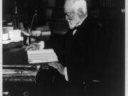 This 1913 photo shows Andrew Carnegie sitting in a favorite place, a library. He wrote in his autobiography that libraries helped his rise in business. Carnegie grants totaling more than $1 million built 43 libraries in Washington between 1901 and 1916. They contributed $45 million to build 1,689 libraries across the country.