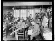 The YMCA Library hut at the Vancouver Barracks between 1917 and 1920. The tent was part of the American Library Association's Library War Service effort to improve the reading level of recruits headed to fight in France. The ALA and the YMCA collected books, sending 2.5 million overseas. The organizations also provided books for 651 military bases and 998 YMCA huts.