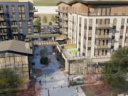 A rendering shows the future Hyas Point on the Washougal waterfront. Construction on the first phase, which includes 276 apartments and retail-restaurant space, is slated to begin by fall 2023.