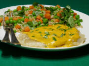 Pan-Fried Cod With Amarillo Sauce and Cilantro Rice.