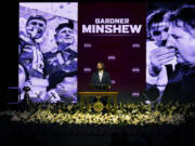 Philadelphia Eagles quarterback Gardner Minshew speaks about the importance of his relationship with the late Mississippi State football coach Mike Leach, during his memorial service at Humphrey Coliseum on the university's campus in Starkville, Miss., Tuesday, Dec. 20, 2022. Leach, who died, Dec. 12, 2022, from complications related to a heart condition at 61, had been Minshew's coach at Washington State. (AP Photo/Rogelio V.