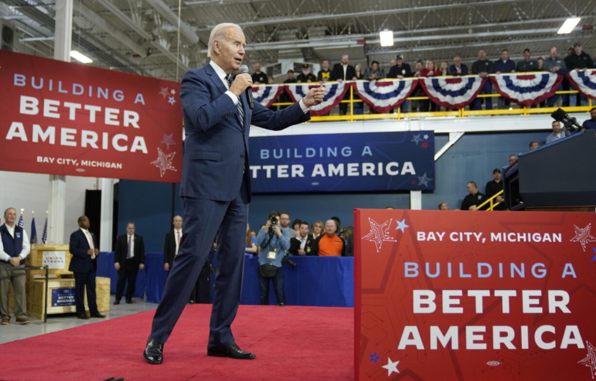 FILE - President Joe Biden speaks about manufacturing jobs and the economy at SK Siltron CSS, a computer chip factory in Bay City, Mich., Nov. 29, 2022.