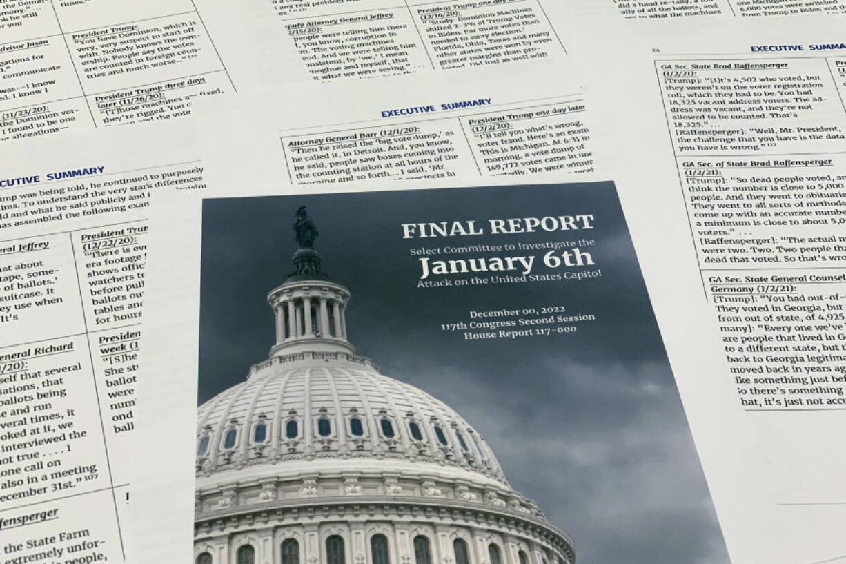 The final report released by the House select committee investigating the Jan. 6 attack on the U.S. Capitol, is photographed Thursday, Dec. 22, 2022.