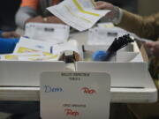 FILE - Election workers process ballots at the Clark County Election Department, on Nov. 10, 2022, in Las Vegas. A nonprofit that became a point of controversy for distributing hundreds of millions of dollars in election grants during the 2020 presidential campaign is releasing a fresh round of money to local election offices, including in states where Republican lawmakers tried to ban the practice.