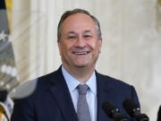 FILE - Doug Emhoff, the husband of Vice President Kamala Harris, speaks during a reception to celebrate the Jewish new year in the East Room of the White House in Washington, Sept. 30, 2022. The White House says Emhoff will host Jewish leaders for a discussion about a rise in antisemitism and efforts to fight hate in the United States.