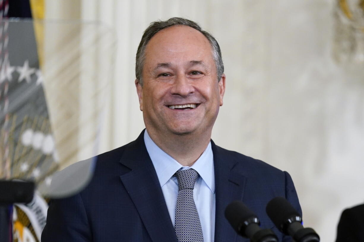 FILE - Doug Emhoff, the husband of Vice President Kamala Harris, speaks during a reception to celebrate the Jewish new year in the East Room of the White House in Washington, Sept. 30, 2022. The White House says Emhoff will host Jewish leaders for a discussion about a rise in antisemitism and efforts to fight hate in the United States.