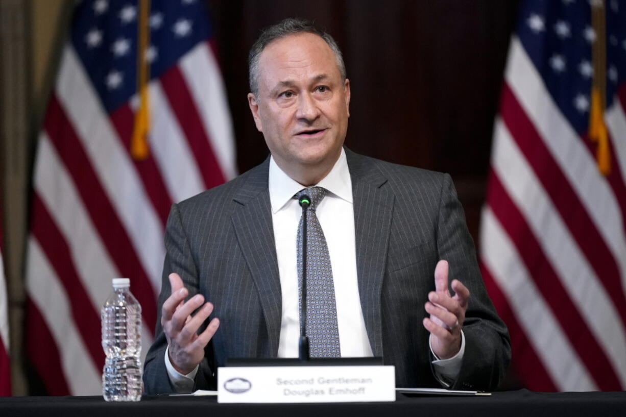 Doug Emhoff, the husband of Vice President Kamala Harris, speaks during a roundtable discussion with Jewish leaders about the rise in antisemitism and efforts to fight hate in the United States in the Indian Treaty Room in the Eisenhower Executive Office Building on the White House Campus in Washington, Wednesday, Dec. 7, 2022.